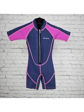 Seaskin Blue Pink Colorblock Front Zip Short Sleeve Springsuit Wetsuit Kids 3
